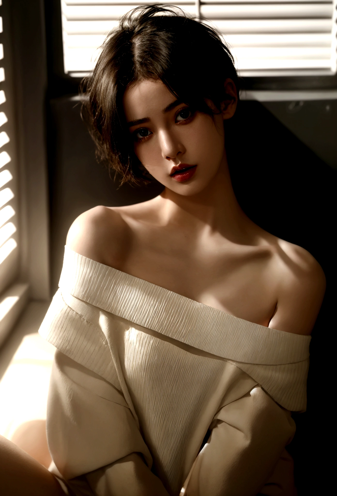 girl wearing off-the-shoulder underwear, short hair, sexy look, in dark environment, deep shadows, low key lighting, , (best quality, masterpiece, ultra-detailed, photorealistic:1.5, raw photo)