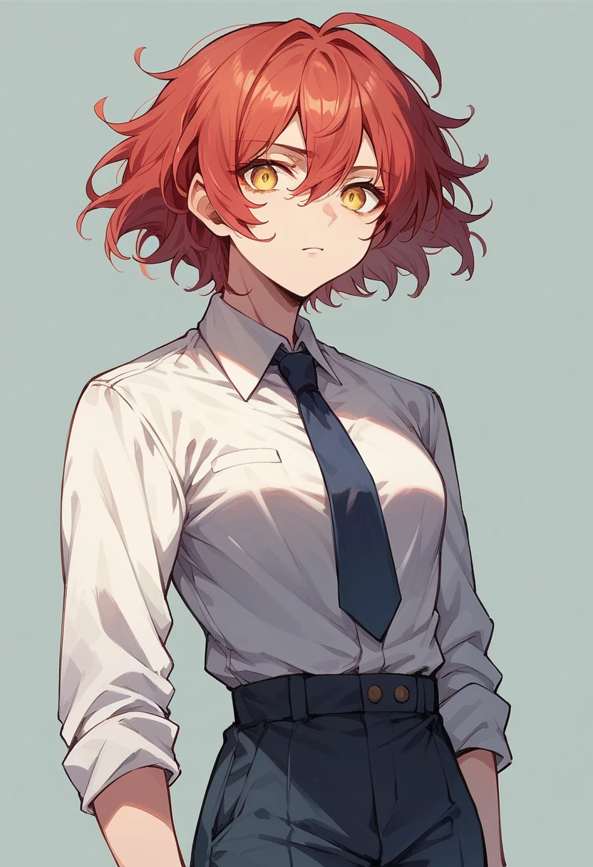 anime woman in suit and tie with red hair and yellow eyes
