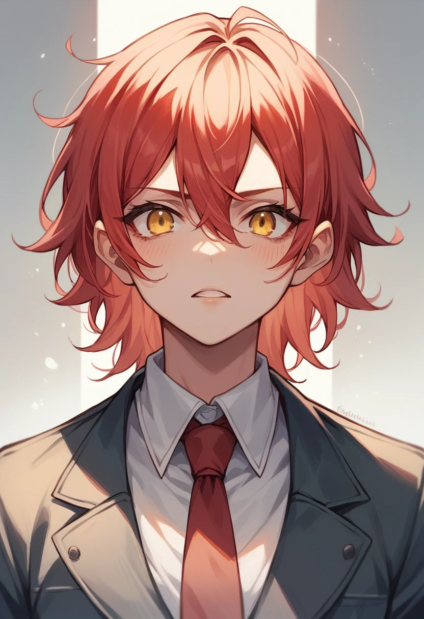 anime woman in suit and tie with red hair and yellow eyes