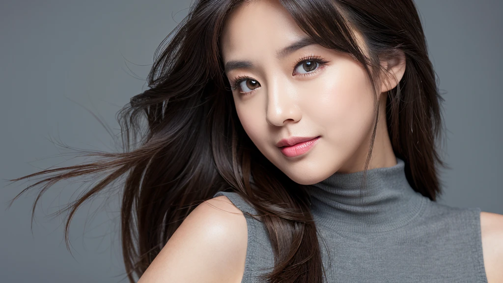 (Detailed face),vivid,chest,cute,Grey sleeveless and turtleneck outfit,4K,Ultra-high resolution,(Photorealistic:1.7),Black long hair,Gray background,