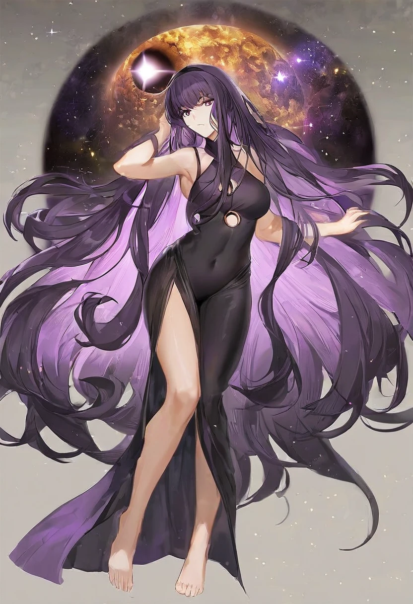 Athena,Extra long purple hair,Purple Eyes,Wearing black silk,Purple jumpsuit,Black one-piece dress,But the jumpsuit is sexy,barefoot,A black hole in the universe,Purple and black black hole please,This time the drawing is better and the proportions of the characters are more normal.,Better posture