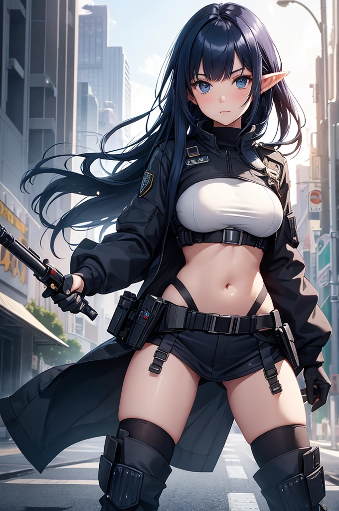 Create high quality images featuring an elf girl with dark navy blue hair and straight bangs. She is a member of the police special forces., Belly button sticking out。Have a lightsaber. The background must depict a city inside a dome, Next to her is a black armored vehicle