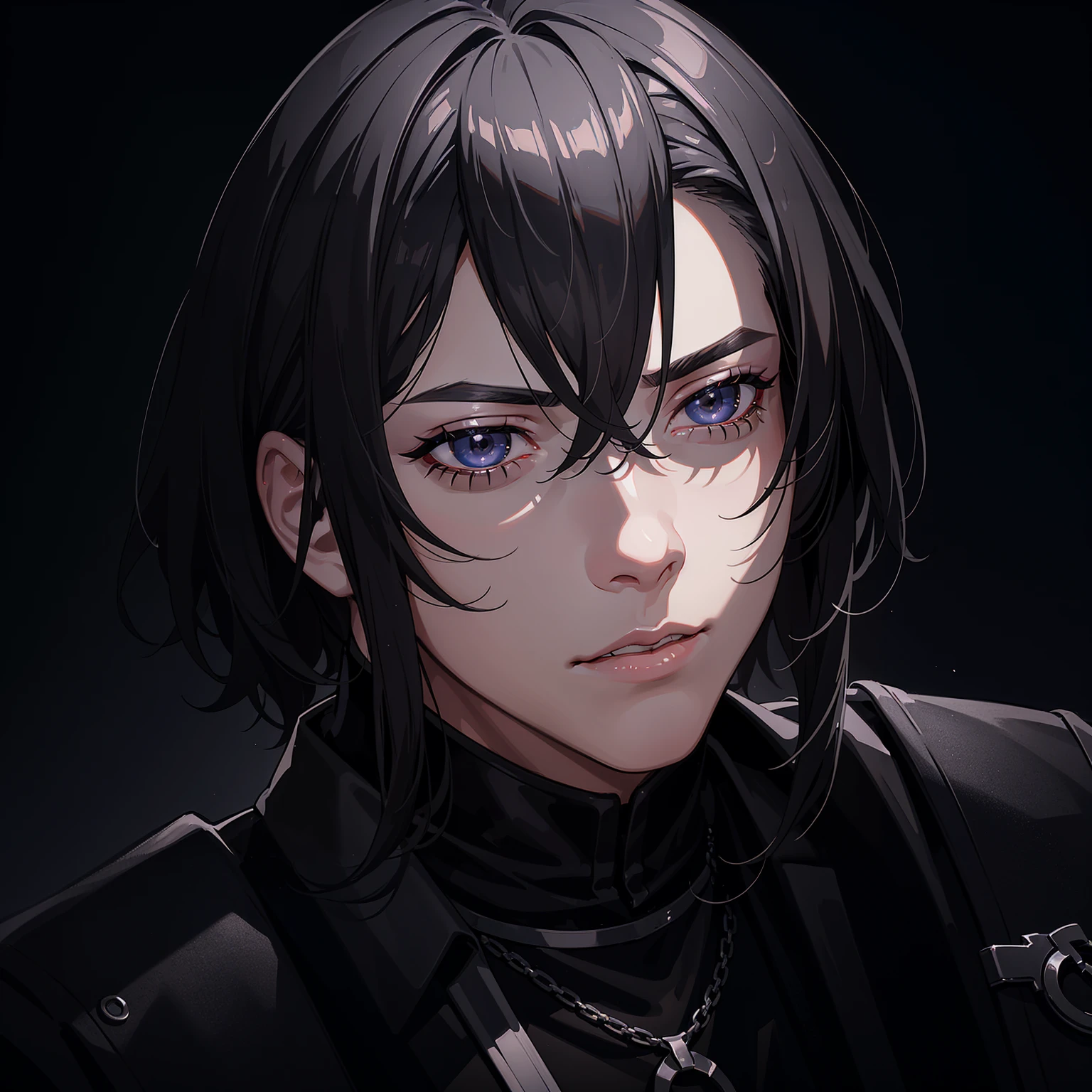 a 20 year old man with black wolfcut hair and silver mullet, side profile closeup, extremely detailed face, detailed eyes, detailed nose, detailed lips, chiaroscuro lighting, moody atmosphere, cinematic composition, dramatic lighting, hyper realistic, 8k, photorealistic, studio lighting, physically-based rendering, vivid colors