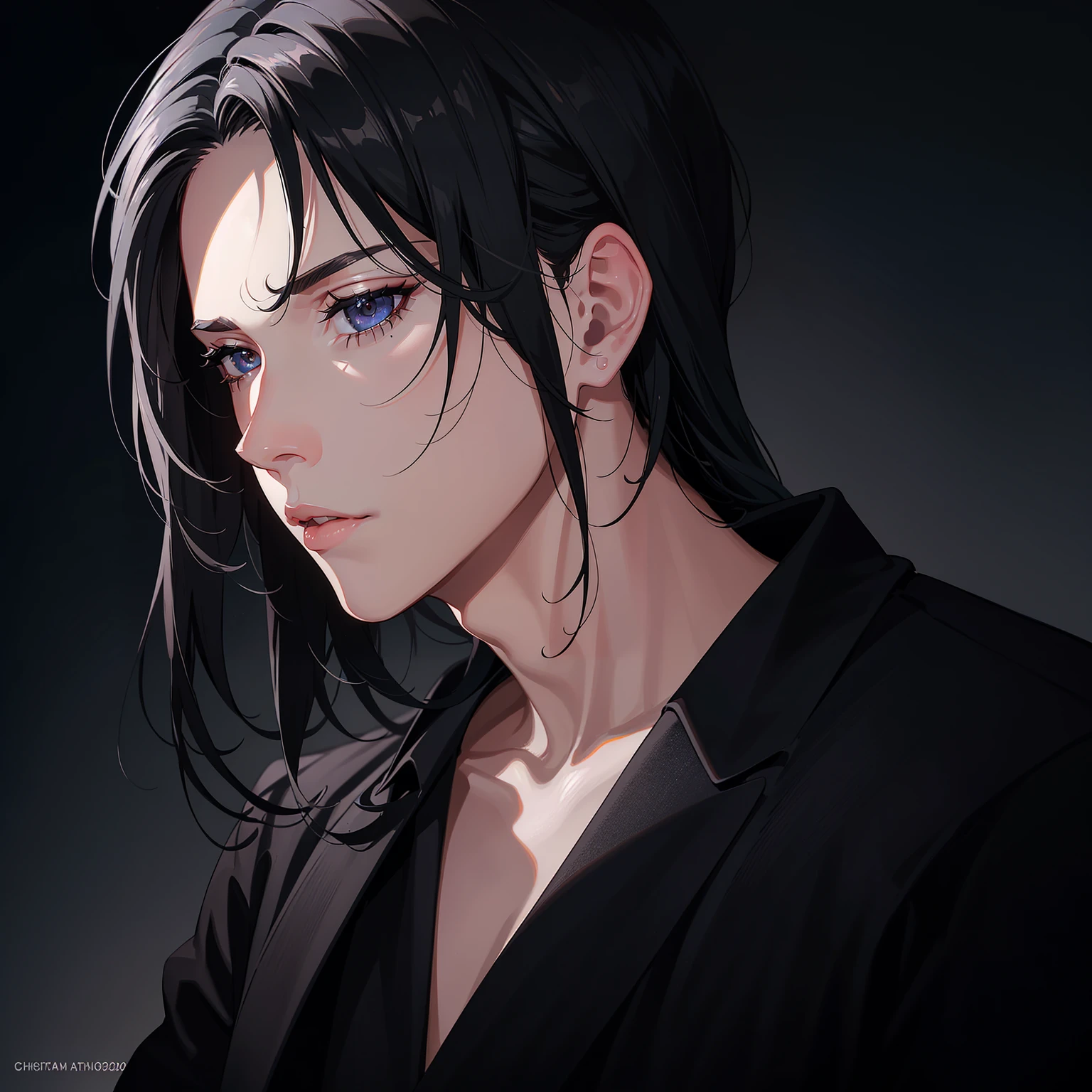 a 20 year old man with black wolfcut hair and silver mullet, side profile closeup, extremely detailed face, detailed eyes, detailed nose, detailed lips, chiaroscuro lighting, moody atmosphere, cinematic composition, dramatic lighting, hyper realistic, 8k, photorealistic, studio lighting, physically-based rendering, vivid colors