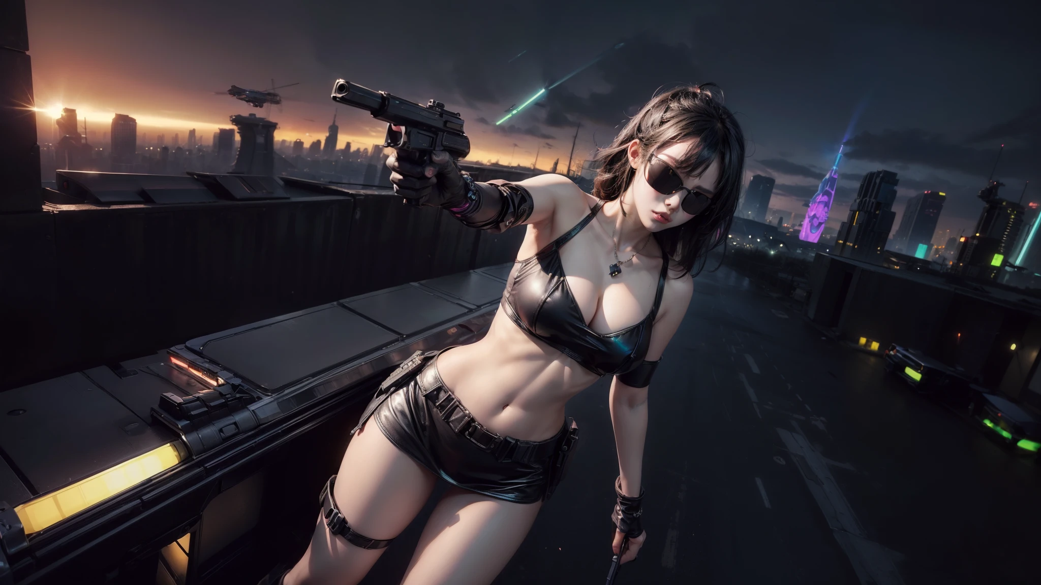 (((aerial view))) of futuristic cyberpunk city at night, hologram neon buildings, vivid colors, (((futuristic flying cars))) and futuristic cars, 3d rendering Beeple. large-breast:1.2 photorealistic sexy woman, solo, cleavage, off neck tube top, miniskirt, (((((black sunglasses, pistol shooting pose))))), standing, leaning forward, (((((half-body thigh level medium shot))))).