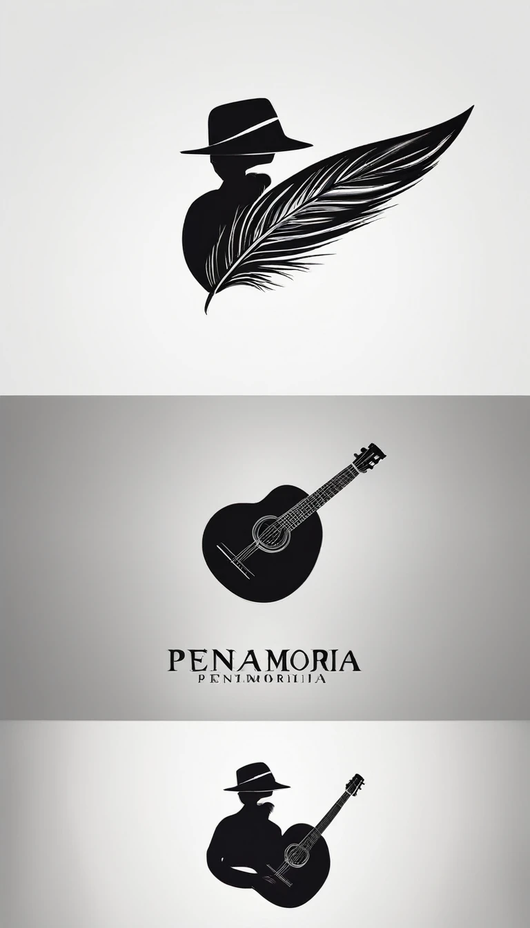 A minimal, modern, simple, cinematic logo design for the brand “Penamemoria". Create a modern, minimalistic, high-quality, logo of a feather-boy playing acoustic guitar