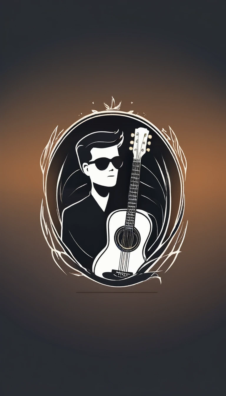 A minimal, modern, simple, cinematic logo design for the brand “Penamemoria". Create a modern, minimalistic, high-quality, logo of a feather-boy playing acoustic guitar