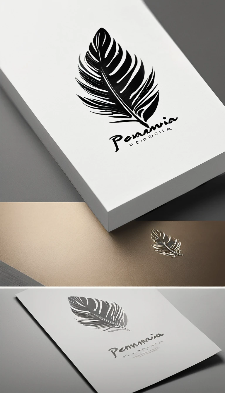 A minimal, modern, simple, cinematic logo design for the brand “Penamemoria". Create a modern, minimalistic, high-quality, logo of a feather-boy playing acoustic guitar