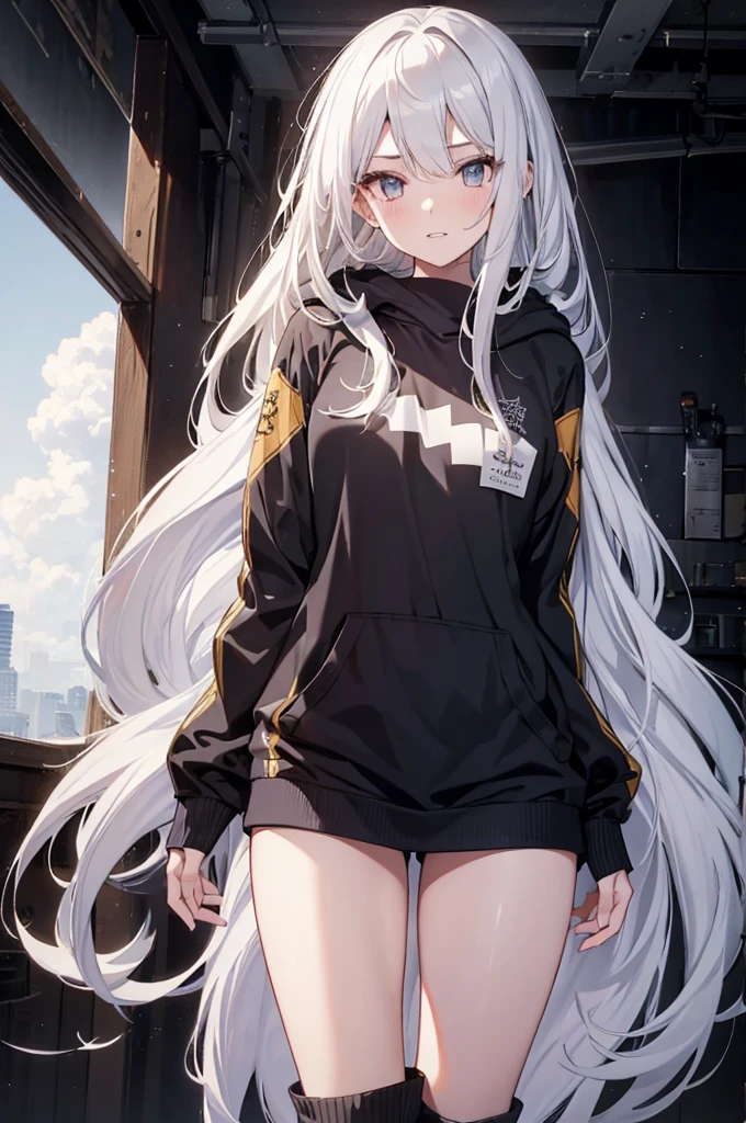 1girl, {Solitary}, Upper Body ,{{ {Watching at viewer}}}, Arms at your sides, Concept Art, white Background, simple Background, White hair, Silver gradient hair , Composite cloth, Asymmetrical clothes, Virtual YouTuber, best quality, masterpiece, Dynamic Angle, , cowboy_shooting, Watching_Back, grab, girl,Miss,woman, young,20 years old, Very long hair, Hair Flip, Silver Hair, Flowing hair, Ahog, giggle, Beautiful and delicate golden eyes, teeth, Large Breasts, Blonde eyes, White skin, hoodie, Black_shorts, Gray clothes, transparent_Background, Backlighting, absurd, high resolution, Extremely detailed,sweater,Face to face