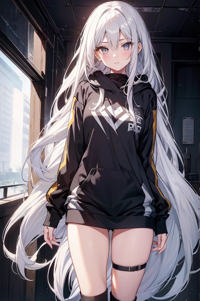 1girl, {Solitary}, Upper Body ,{{ {Watching at viewer}}}, Arms at your sides, Concept Art, white Background, simple Background, White hair, Silver gradient hair , Composite cloth, Asymmetrical clothes, Virtual YouTuber, best quality, masterpiece, Dynamic Angle, , cowboy_shooting, Watching_Back, grab, girl,Miss,woman, young,20 years old, Very long hair, Hair Flip, Silver Hair, Flowing hair, Ahog, giggle, Beautiful and delicate golden eyes, teeth, Large Breasts, Blonde eyes, White skin, hoodie, Black_shorts, Gray clothes, transparent_Background, Backlighting, absurd, high resolution, Extremely detailed,sweater,Face to face
