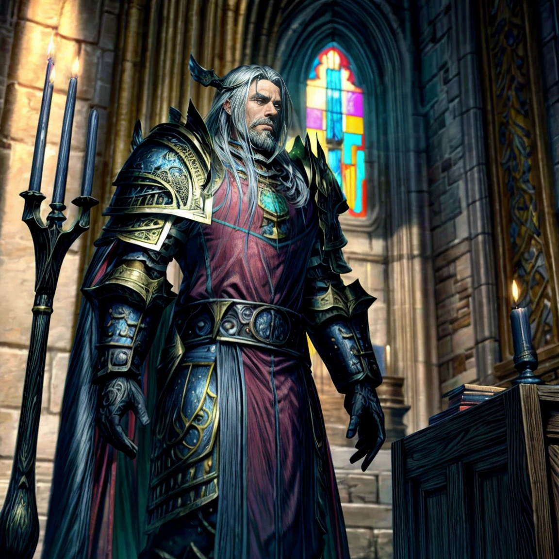 Draego, a medieval knight in shining armor, standing in front of an altar in a large cathedral, dramatic backdrop, high contrast, wide angle lens, vibrant colors, serene, detailed intricate armor, flowing cape, determined facial expression, sunlight streaming through stained glass windows, ornate altar with candles, dramatic shadows, cinematic composition, photorealistic, 8k, hyper detailed, masterpiece
