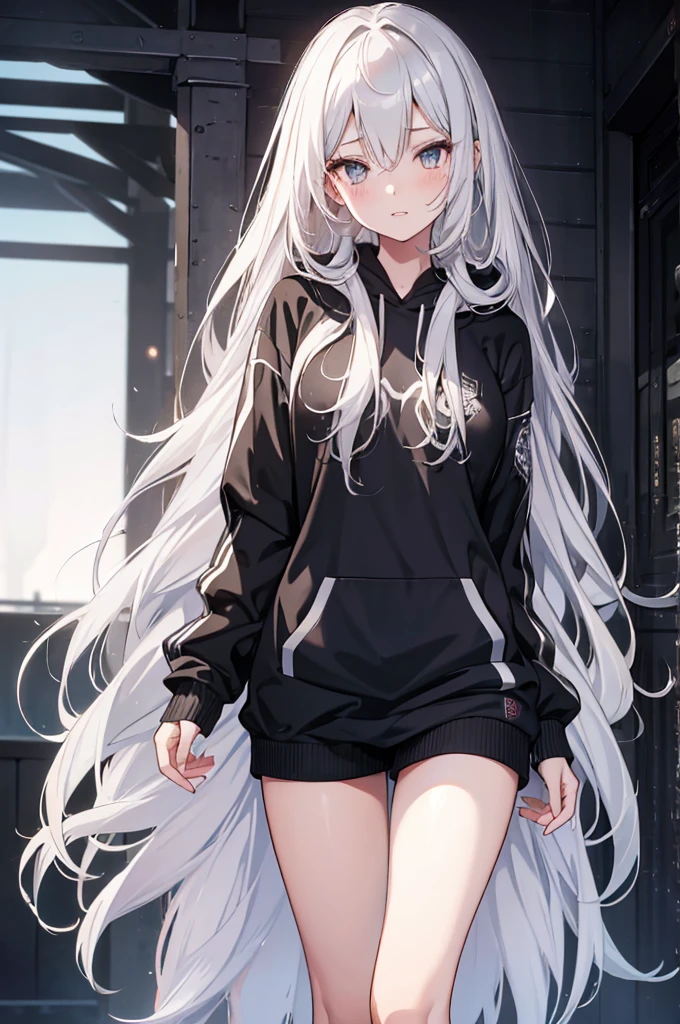 1girl, {Solitary}, Upper Body ,{{ {Watching at viewer}}}, Arms at your sides, Concept Art, white Background, simple Background, White hair, Silver gradient hair , Composite cloth, Asymmetrical clothes, Virtual YouTuber, best quality, masterpiece, Dynamic Angle, , cowboy_shooting, Watching_Back, grab, girl,Miss,woman, young,20 years old, Very long hair, Hair Flip, Silver Hair, Flowing hair, Ahog, giggle, Beautiful and delicate golden eyes, teeth, Large Breasts, Blonde eyes, White skin, hoodie, Black_shorts, Gray clothes, transparent_Background, Backlighting, absurd, high resolution, Extremely detailed,sweater,Face to face