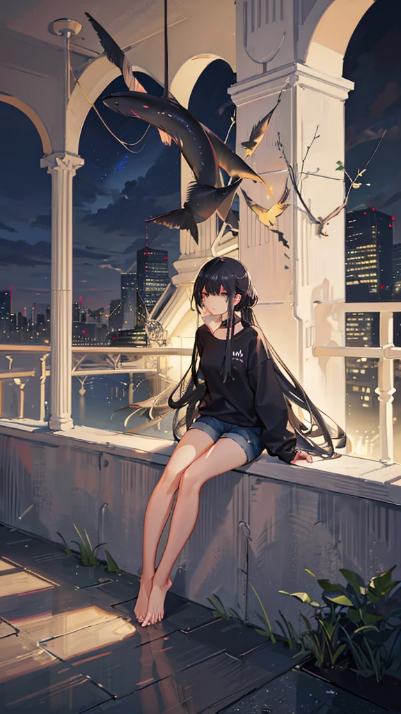 masterpiece, Exquisite detail,Highest quality, One girl, alone, handrail, cloud, Looking up at the buildings,Long Hair, zero, Long sleeve, Power lines, White footwear, Black Hair, View your viewers, Electric pole, bangs, cloudy zero, fish, bird, Green Eyes, Shorts, Day, Black Shirt, barefoot,Whale flying in the sky,Giant whale,night,Star,milky way,night,Pitch black,Buildings,Sitting,bright,noon,sun,Shine