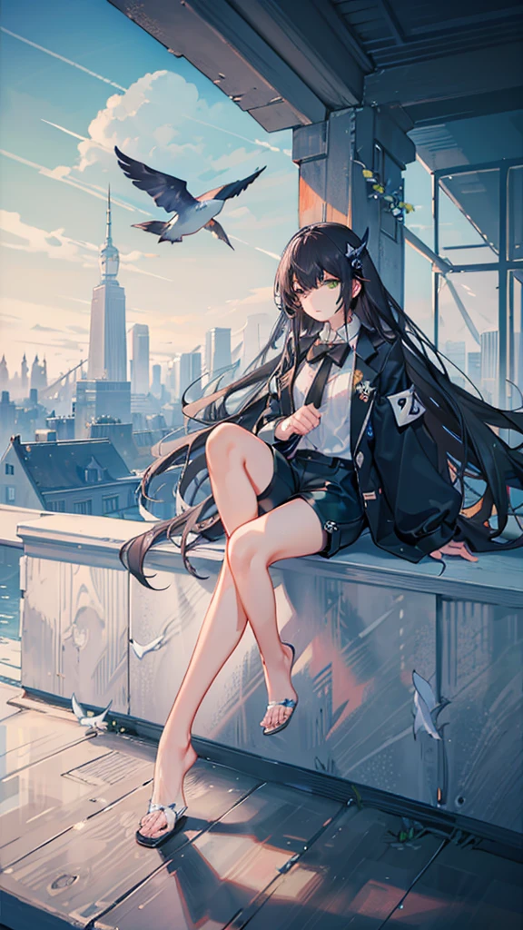 masterpiece, Exquisite detail,Highest quality, One girl, alone, handrail, cloud, Looking up at the buildings,Long Hair, zero, Long sleeve, Power lines, White footwear, Black Hair, View your viewers, Electric pole, bangs, cloudy zero, fish, bird, Green Eyes, Shorts, Day, Black Shirt, barefoot,Whale flying in the sky,Giant whale,night,Star,milky way,night,Pitch black,Buildings,Sitting,bright,noon,sun,Shine