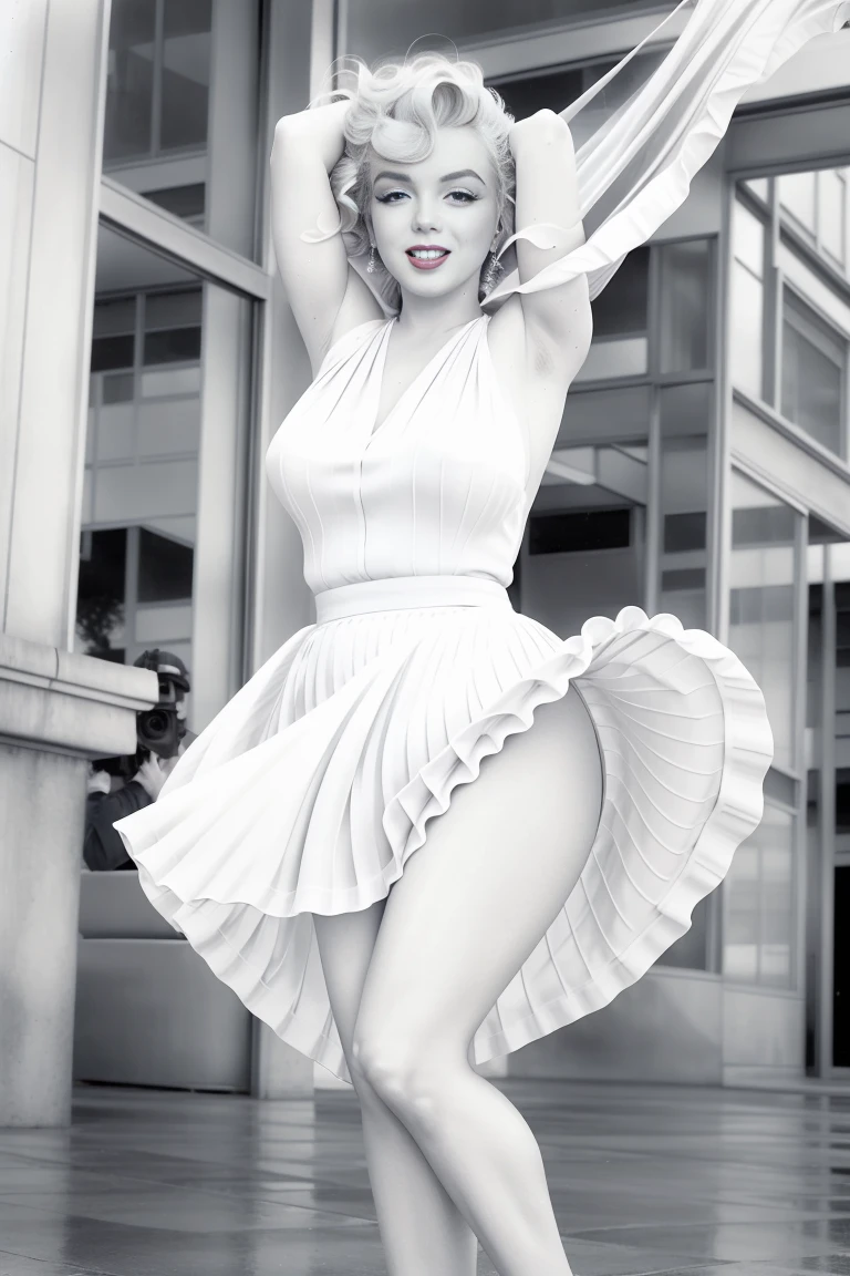 3monroe, marilyn monroe in a white dress, gale-force winds, dynamic folds, wet floors, wearing a skirt, exploding, historic photo, fins, archival pigment print, aperture priority, throw, exhibit, photograph, curve, smile