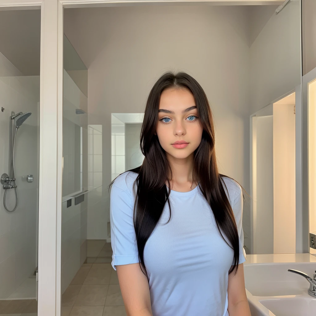 a beautiful 14 year old Russian teenage Ukrainian girl with blue eyes , with the face of a young girl with a perfect body, big eyes , wide fleshy lips thin upturned nose, with a fine face like a barbie , normal breasts ,very long and very straight black hair, youth casual clothing , 14 years old, very tender face , blue-eyed teenage girl posing very sexy in elegant casual clothes at night in the bathroom ,straight hair. a very attractive teenage girl , posing from Ukraine beautiful girl 14 year old girl cute beautiful masterpiece