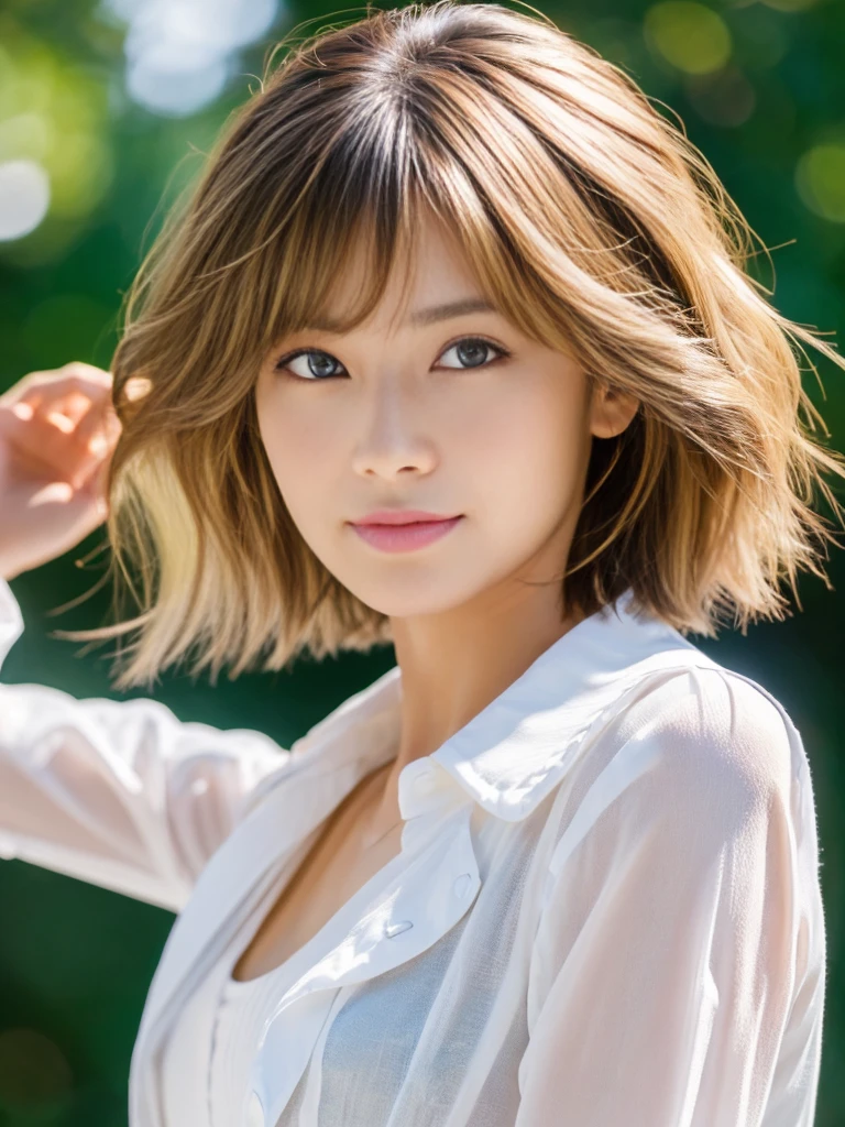 ((Highest quality、In 8K、masterpiece:1.3))、Sharp focus:1.2、Beautiful woman perfect body:1.4、Slim Abs:1.2、((Very short hair:1.2))、shirt、White background、Wet body:1.5、Three-dimensional texture、Detailed eyes、Brown Hair、Very shiny hair、Backward view、Hair quality improvement、Handsome short、Short-haired blonde。