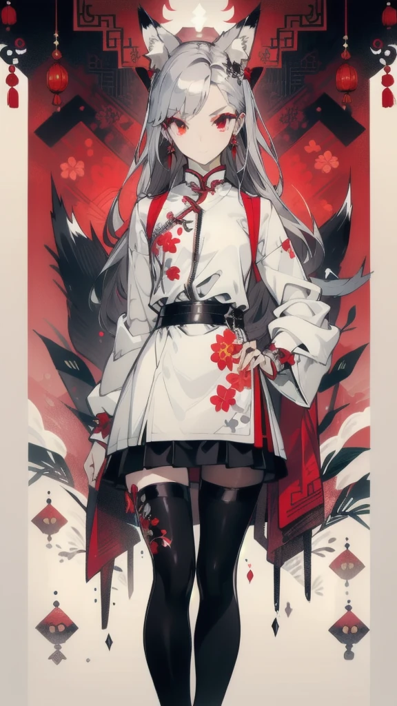 (masterpiece, best quality) detailed, Wearing black tights, silver accessories , The zipper is not closed , bionde ,elegant, (Fox ears),Red Eyeshadow, ,Chinese element pattern,thigh,Leaking thigh,White shirt