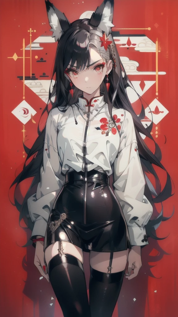 (masterpiece, best quality) detailed, Wearing black tights, silver accessories , The zipper is not closed , bionde ,elegant, (Fox ears)，Red Eyeshadow, ，Chinese element pattern，thigh，Leaking thigh，White shirt