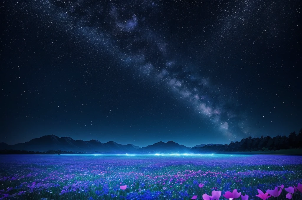 night sky with stars and flowers, a digital painting by Kaii Higashiyama, deviantart, conceptual art, field of flowers at night, night sky full of flowers, moonlight shining on wildflowers, blue flower field, luminous flowers, glowing flowers, starry-night!!!!!!!!!!!!!!!!!!!!, 🌺 cgsociety, blue flowers bloomed all over, blue flowers, blue fireflies