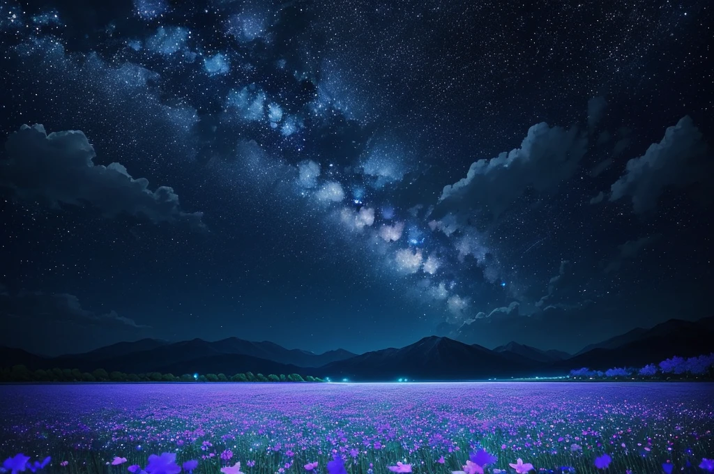 night sky with stars and flowers, a digital painting by Kaii Higashiyama, deviantart, conceptual art, field of flowers at night, night sky full of flowers, moonlight shining on wildflowers, blue flower field, luminous flowers, glowing flowers, starry-night!!!!!!!!!!!!!!!!!!!!, 🌺 cgsociety, blue flowers bloomed all over, blue flowers, blue fireflies