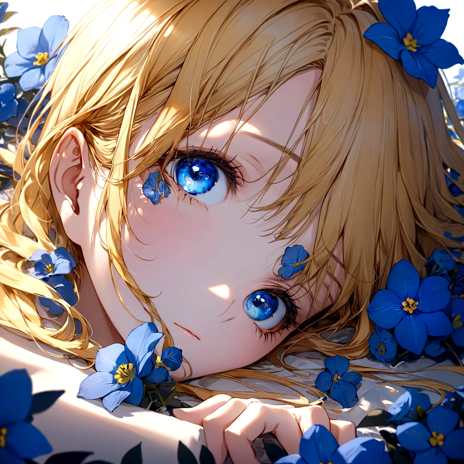 ((masterpiece:1.2, best quality)), (close-up:1.2), (head-shot:1.36), (from front, facing front:1.2), ultra detailed, Ultra-precise depiction, Ultra-detailed depiction, dramatic lighting, 1girl, solo, yellow hair, blue eyes, laying on blue flowers, 