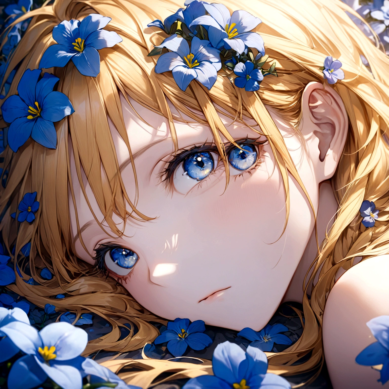 ((masterpiece:1.2, best quality)), (close-up:1.2), (head-shot:1.36), (from front, facing front:1.2), ultra detailed, Ultra-precise depiction, Ultra-detailed depiction, dramatic lighting, 1girl, solo, yellow hair, blue eyes, laying on blue flowers, 