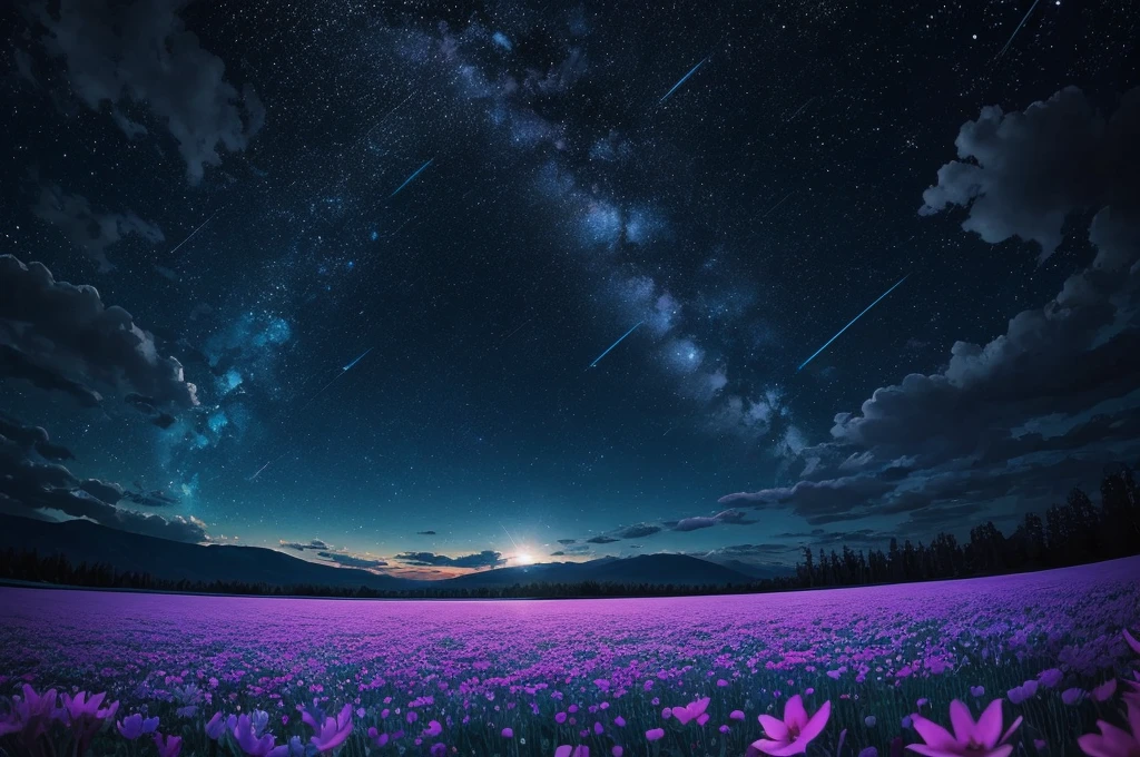 night sky with stars and flowers, a digital painting by Kaii Higashiyama, deviantart, conceptual art, field of flowers at night, night sky full of flowers, moonlight shining on wildflowers, blue flower field, luminous flowers, glowing flowers, starry-night!!!!!!!!!!!!!!!!!!!!, 🌺 cgsociety, blue flowers bloomed all over, blue flowers, blue fireflies