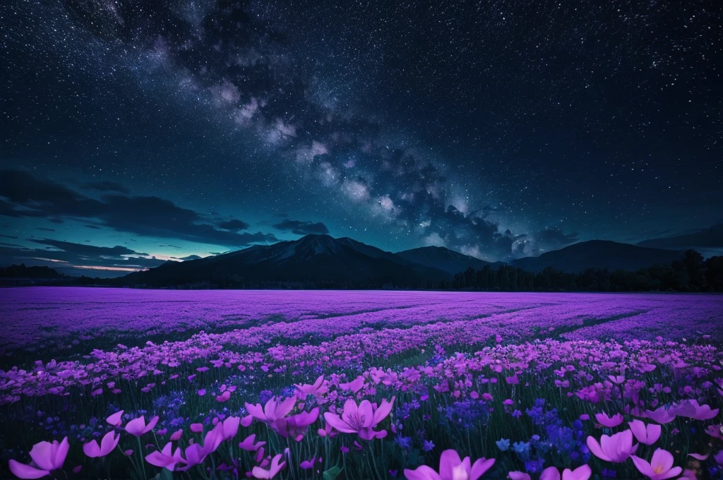 night sky with stars and flowers, a digital painting by Kaii Higashiyama, deviantart, conceptual art, field of flowers at night, night sky full of flowers, moonlight shining on wildflowers, blue flower field, luminous flowers, glowing flowers, starry-night!!!!!!!!!!!!!!!!!!!!, 🌺 cgsociety, blue flowers bloomed all over, blue flowers, blue fireflies