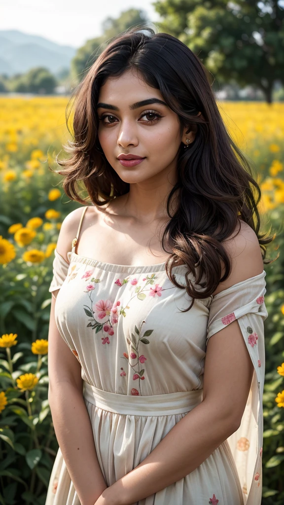 (((HD photo))), ultra high res.photorealistic:. 1.4, UHD, masterpiece, trending on artstation, portrait, 1girl, pretty, cute face, most beautiful in the world, soft, delicate, wavy blonde hair, large huge breasts, a vibrant Indian woman with olive skin and dark hair styled in loose waves. She has striking, almond-shaped eyes with bold eyebrows and intense,. Her lips are painted in a subtle, natural color, A carefree Pakistani woman with a contagious laugh lies amidst a field of brightly colored wildflowers. She wears a whimsical off-the-shoulder dress with floral patterns. The camera (50mm lens, unzoomed) captures her from a low angle, framing her against the vastness of the flower field. The sunlight creates a natural spotlight on her joyful expression
