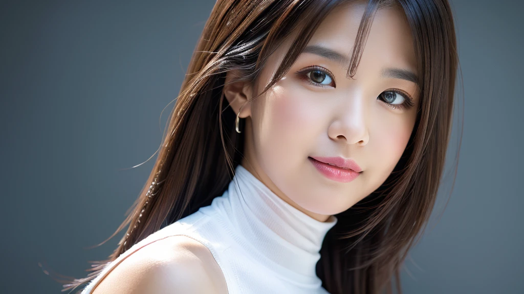(Detailed face),vivid,chest,cute,White sleeveless and turtleneck outfit,4K,Ultra-high resolution,(Photorealistic:1.7),Black long hair,Gray background,