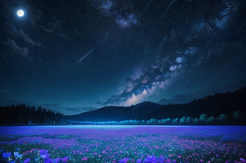 night sky with stars and flowers, a digital painting by Kaii Higashiyama, deviantart, conceptual art, field of flowers at night, night sky full of flowers, moonlight shining on wildflowers, blue flower field, luminous flowers, glowing flowers, starry-night!!!!!!!!!!!!!!!!!!!!, 🌺 cgsociety, blue flowers bloomed all over, blue flowers, blue fireflies