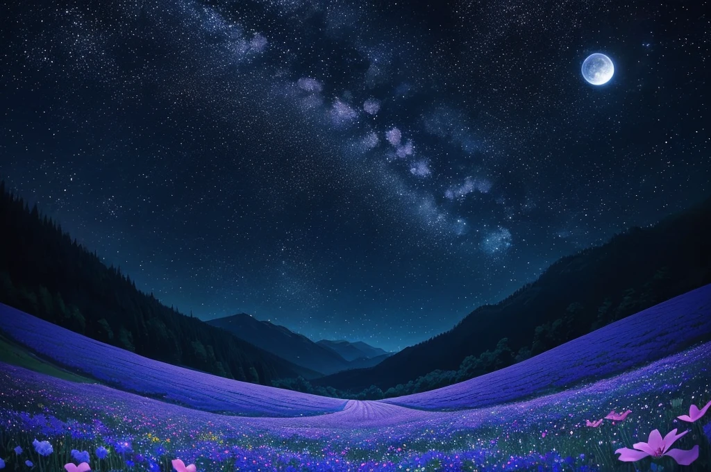 night sky with stars and flowers, a digital painting by Kaii Higashiyama, deviantart, conceptual art, field of flowers at night, night sky full of flowers, moonlight shining on wildflowers, blue flower field, luminous flowers, glowing flowers, starry-night!!!!!!!!!!!!!!!!!!!!, 🌺 cgsociety, blue flowers bloomed all over, blue flowers, blue fireflies
