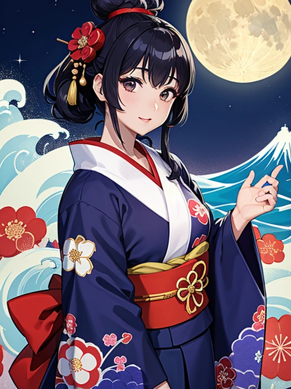 (Highest quality、masterpiece、High resolution、8K)、Ukiyo-e、Vibrant colors、Katsushika Hokusai、1 female、Black hair Japanese topknot、The kimono has a vivid floral pattern on a white background.、Official Art、背景はUkiyo-e風、White waves and Mt. Fuji、Flowers and Moon、White waves and the moon