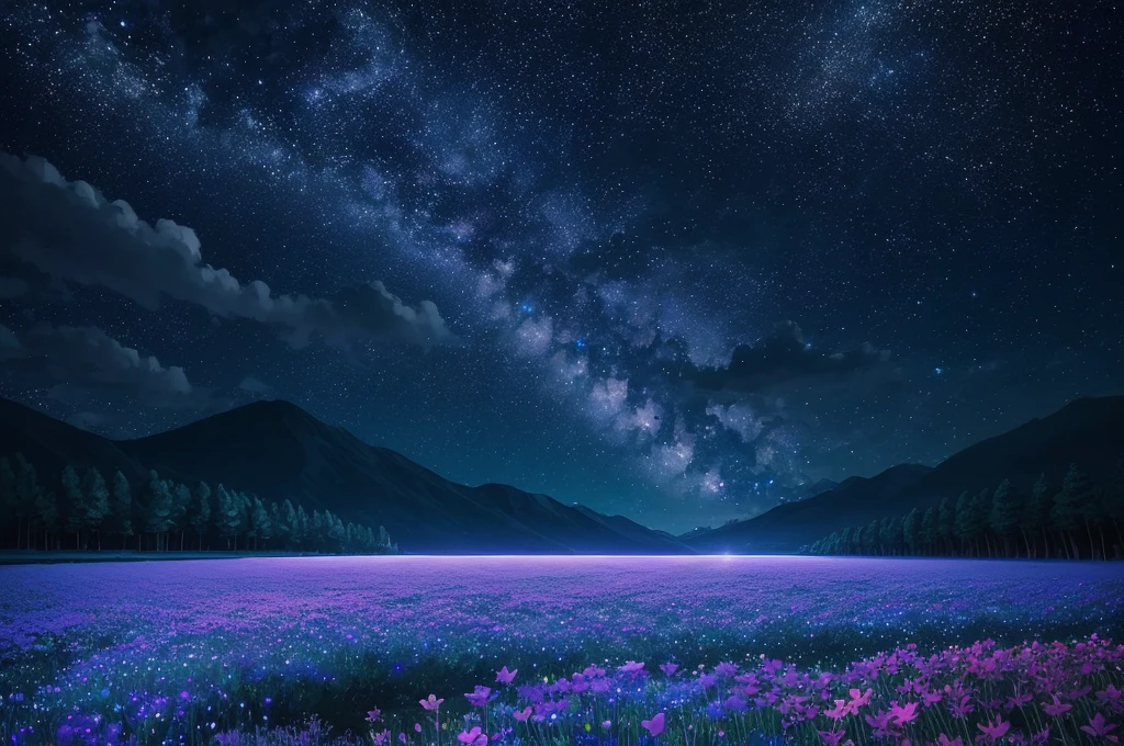 night sky with stars and flowers, a digital painting by Kaii Higashiyama, deviantart, conceptual art, field of flowers at night, night sky full of flowers, moonlight shining on wildflowers, blue flower field, luminous flowers, glowing flowers, starry-night!!!!!!!!!!!!!!!!!!!!, 🌺 cgsociety, blue flowers bloomed all over, blue flowers, blue fireflies