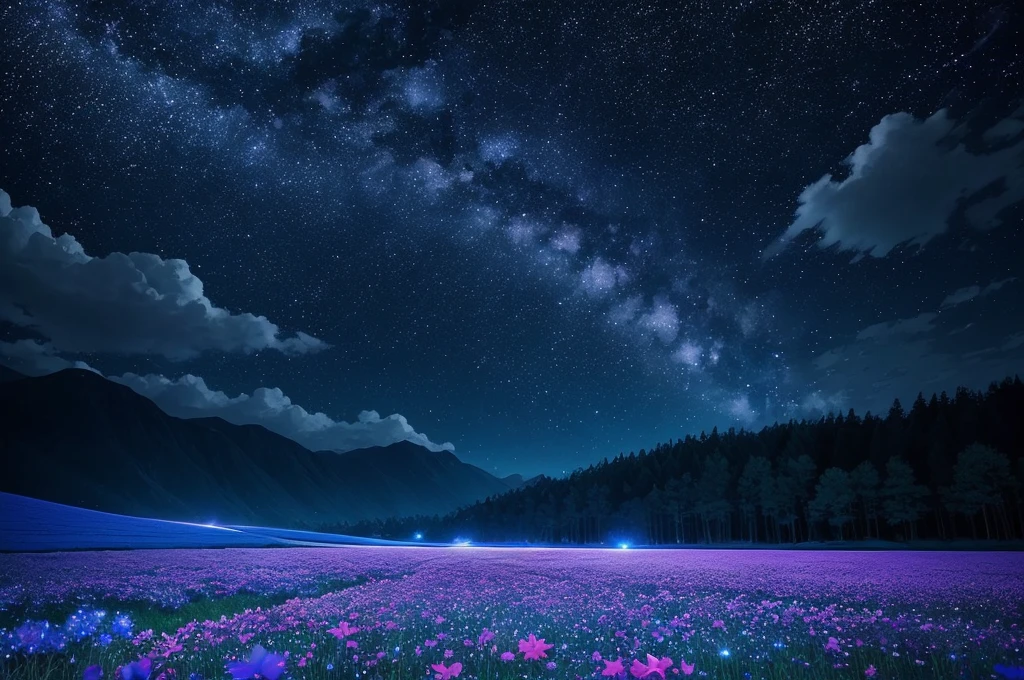 night sky with stars and flowers, a digital painting by Kaii Higashiyama, deviantart, conceptual art, field of flowers at night, night sky full of flowers, moonlight shining on wildflowers, blue flower field, luminous flowers, glowing flowers, starry-night!!!!!!!!!!!!!!!!!!!!, 🌺 cgsociety, blue flowers bloomed all over, blue flowers, blue fireflies