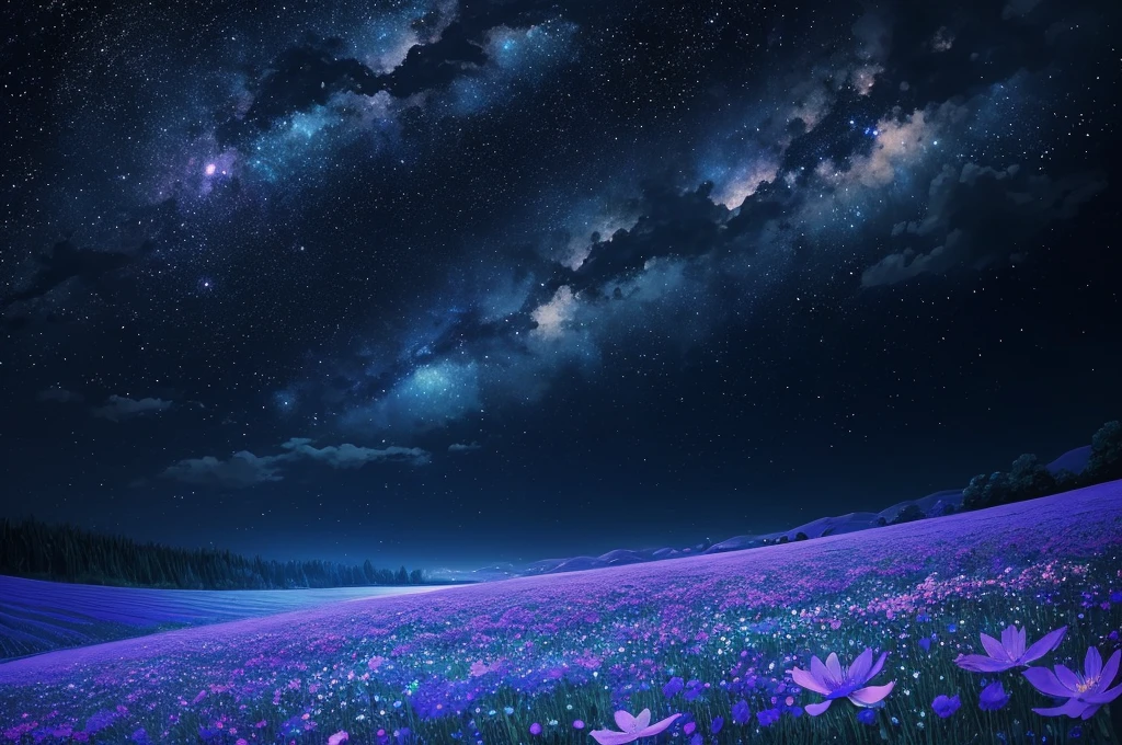 night sky with stars and flowers, a digital painting by Kaii Higashiyama, deviantart, conceptual art, field of flowers at night, night sky full of flowers, moonlight shining on wildflowers, blue flower field, luminous flowers, glowing flowers, starry-night!!!!!!!!!!!!!!!!!!!!, 🌺 cgsociety, blue flowers bloomed all over, blue flowers, blue fireflies