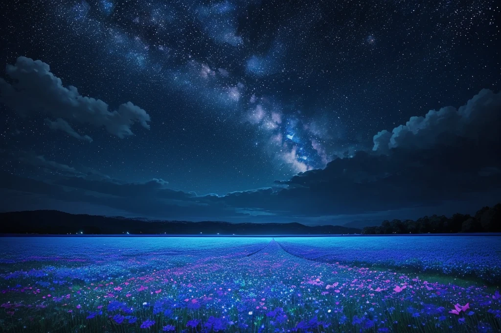 night sky with stars and flowers, a digital painting by Kaii Higashiyama, deviantart, conceptual art, field of flowers at night, night sky full of flowers, moonlight shining on wildflowers, blue flower field, luminous flowers, glowing flowers, starry-night!!!!!!!!!!!!!!!!!!!!, 🌺 cgsociety, blue flowers bloomed all over, blue flowers, blue fireflies