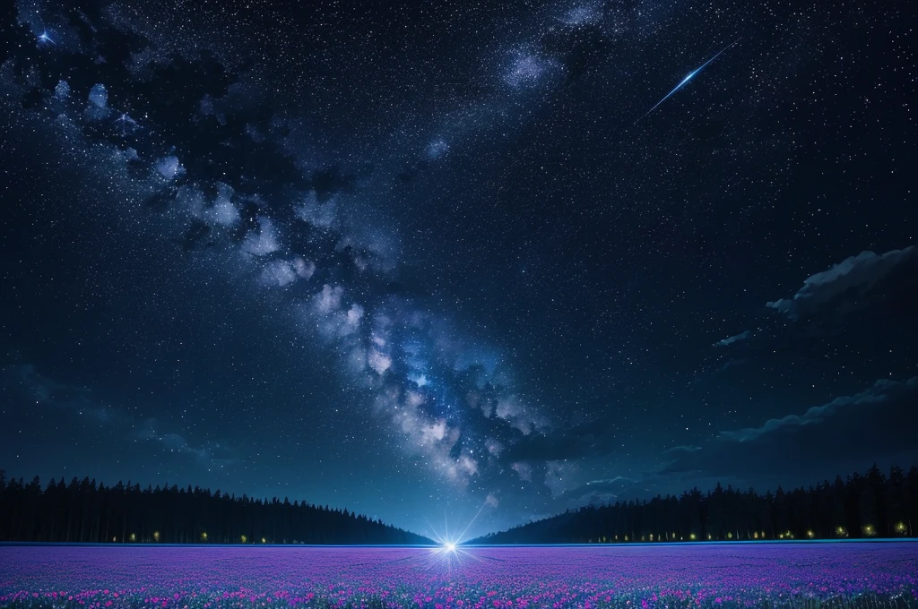 night sky with stars and flowers, a digital painting by Kaii Higashiyama, deviantart, conceptual art, field of flowers at night, night sky full of flowers, moonlight shining on wildflowers, blue flower field, luminous flowers, glowing flowers, starry-night!!!!!!!!!!!!!!!!!!!!, 🌺 cgsociety, blue flowers bloomed all over, blue flowers, blue fireflies