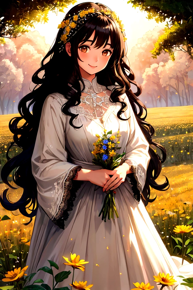 1 girl, delicate, sweet smile, whole body, black hair, long curly hair, Brown eyes, blessed, blessed, field flowers, Fancy, lace, sparkles, glow, magic