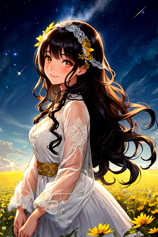 1 girl, delicate, sweet smile, whole body, black hair, long curly hair, Brown eyes, blessed, blessed, field flowers, Fancy, lace, sparkles, glow, magic