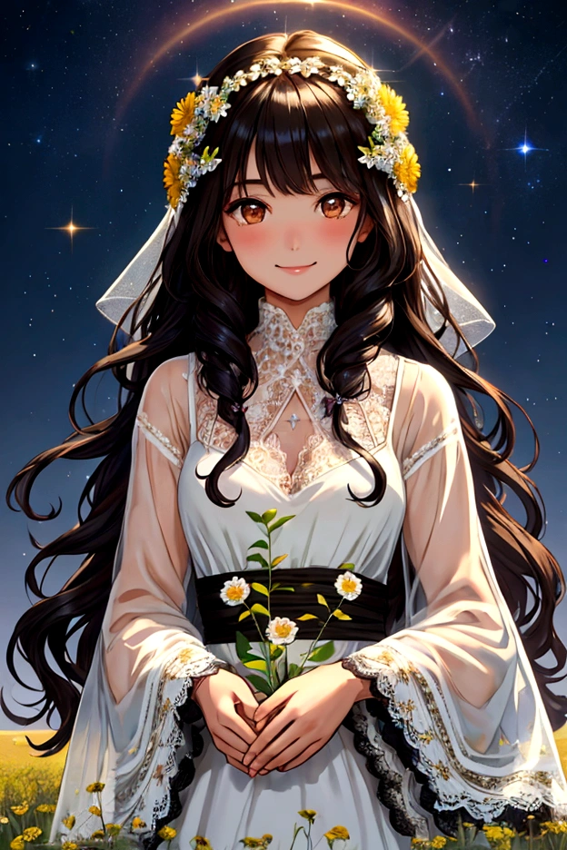 1 girl, delicate, sweet smile, whole body, black hair, long curly hair, Brown eyes, blessed, blessed, field flowers, Fancy, lace, sparkles, glow, magic