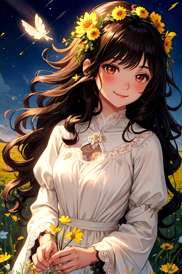 1 girl, delicate, sweet smile, whole body, black hair, long curly hair, Brown eyes, blessed, blessed, field flowers, Fancy, lace, sparkles, glow, magic