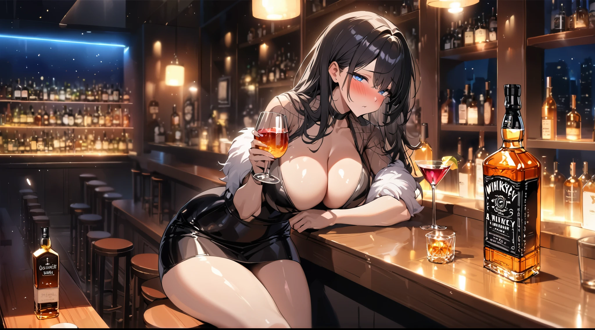 best quality, 4K, high resolution, masterpiece:1.2, Extremely detailed），Sad expression looking at the camera，Large Breasts,30 years old girl,solo,black hair,long hair,blue eyes,(drunk,blush),sitting,drinking,((Mature sexy body))，Black stockings，Black tight skirt, Mature sexy body,holding mug,counter,pub,(Fashion bar) indoors, ((Cocktail Glass) Full of colorful wine), (dimly light room), Wine Bottle, Detailed background，Fluffy hair，((((Night scene background))))), (((at the bar))), wine, whiskey, High ball,(Shiny and glowing, Effect:1.2)