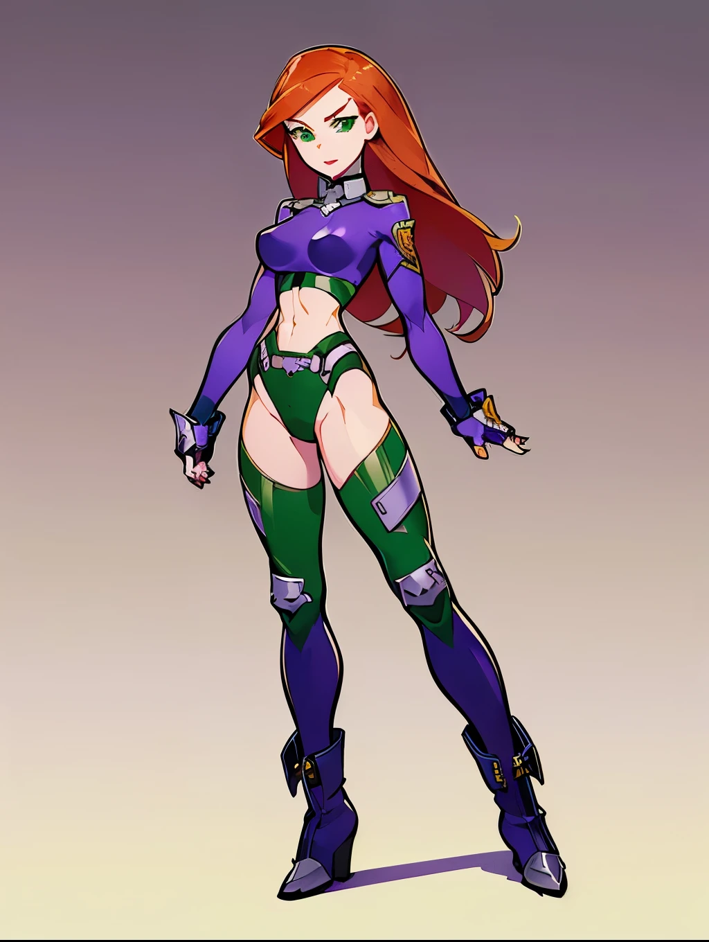 (My Hero Academia Style), ((((Kim Possible)))), ((Cartoon)), ((1girl)), (((Solo))), (((Redhead))), (((long hair))), (((green eyes))), (((purple lips))), (((Green tight-fitting long-sleeved leotard))), (((Green tight-fitting leotard))), (((Long-sleeved tight-fitting leotard))), (((tight-fitting leotard))), (((Bare legs))), (((toned legs))), (((Wide thighs))), (((wide calves))), (((fingerless green gloves))), (((green gloves))), (((fingerless gloves))), (((slightly marked muscles))), (((medium breasts))), (((wide hips))), (((toned waist))), (((toned abdomen))), (((Abs))), (((purple knee-high combat boots with metallic toe))), (((purple knee-high boots))), (((knee-high combat boots with metal toe))), (((purple combat boots with metal toe))), (((purple combat boots))), (((combat boots with metal toe))), (((purple boots))), (((boots combat knee-length))), (((Silver metal knee pads))), (((metal knee pads))), (((silver knee pads))), ((((knee pads)))), (((Full body photo:1.5))), (((perfect anatomy))), (((perfect hands))), (((perfect face))), (((super detailed))), (((cowboy bull:1.5))),
