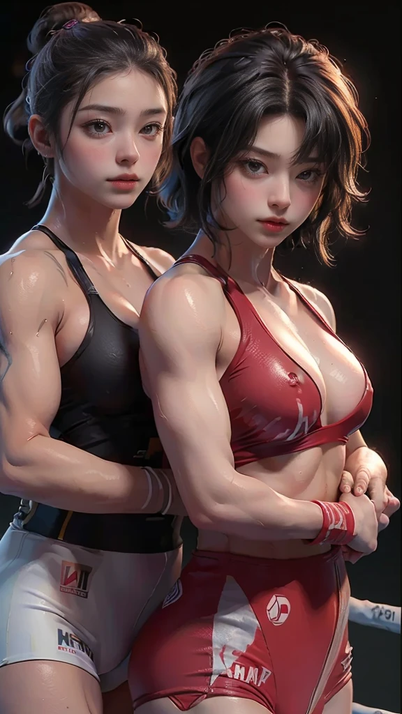 (masterpiece, highest quality, Highest image quality, High resolution, photorealistic, Raw photo, 8K), two female athletes boxing, wet glistening muscular bodies, close-up profiles of athletes intensely focused, large sagging breasts, nipples visible, nude