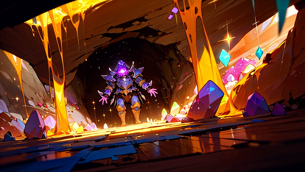 (Masterpiece, Best Quality:1.1), wide angle, from below, (cave con cristales en la pared), cave, metal rails on the floor, depth, two dwarf miners in armor working, tunnels, depth de campo, darkness and small sparkles of scattered crystals.