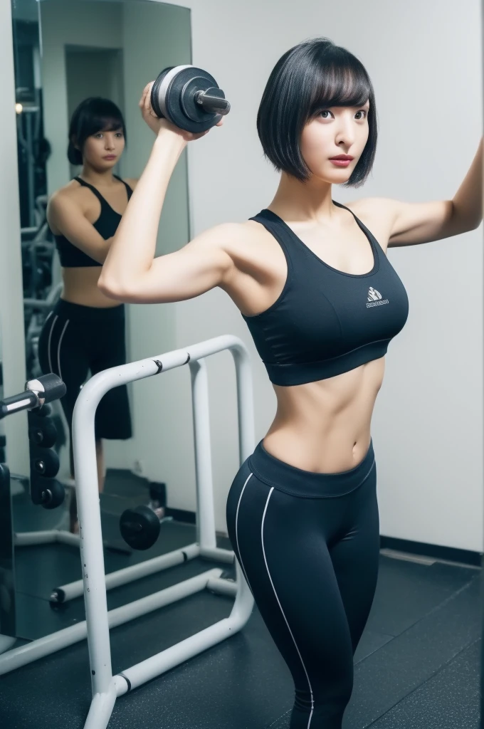 ((Highest quality, 8K, masterpiece :1.3)), 1 Girl, Athlete body type: 1.3, short hair, Toned arms: 1.2, Workout leggings and sports bra: 1.2, Gym logo hoodie: 1.2, Very delicate face, Concentrated eyes, sports posture, bangs, pronounced jawline, Sweat dripping, Visible muscle tension, Inspirational training environment, Dumbbells and exercise mat, Mirror reflection, ((Motivational woman)).