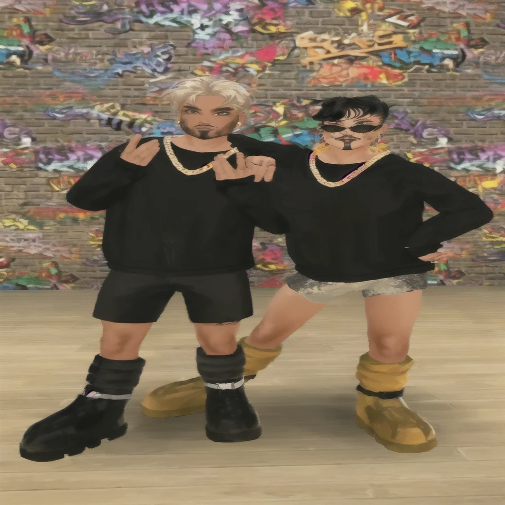 two people in black shirts and shorts standing next to a wall, Hip-Hop Style, ovelha, mechanic punk outfit, street clothes, jrpg aztec street fashion, second life avatar, response styles use, street clothes, inspired urban hiphop, dressed in crustpunk clothing, punk outfit, fashion game screenshot, vestindo roupas pretas, diverse outfits