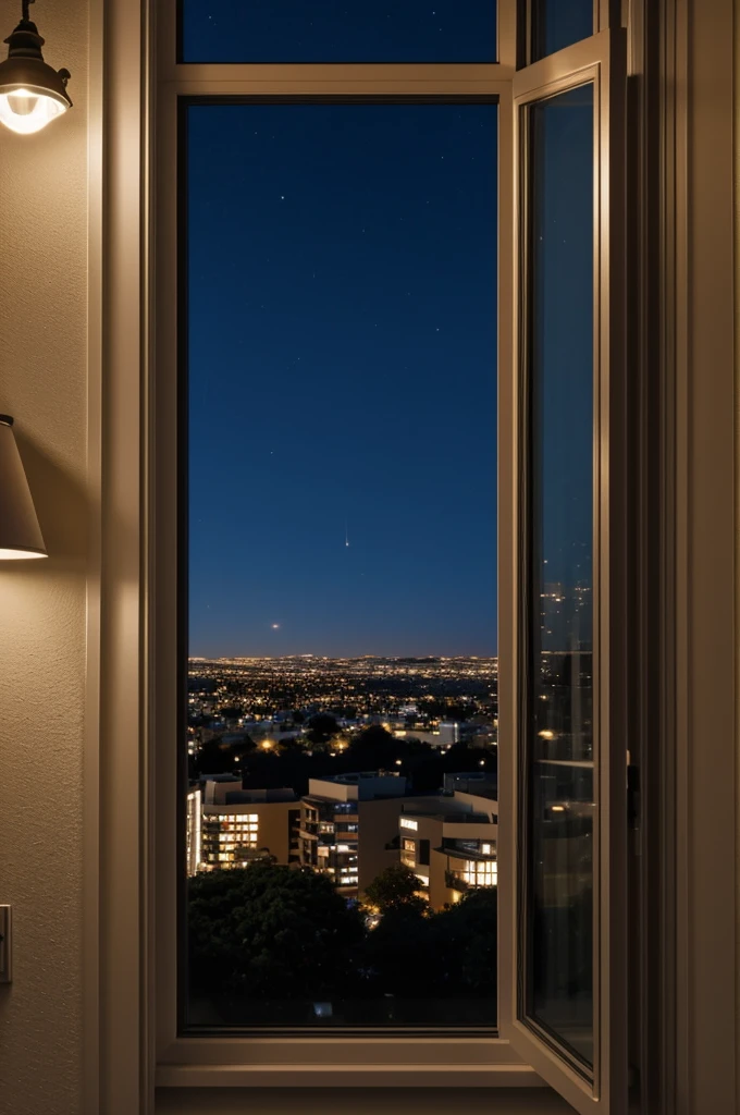 Photo of a bedroom window and outside at night, photo taken from a cell phone